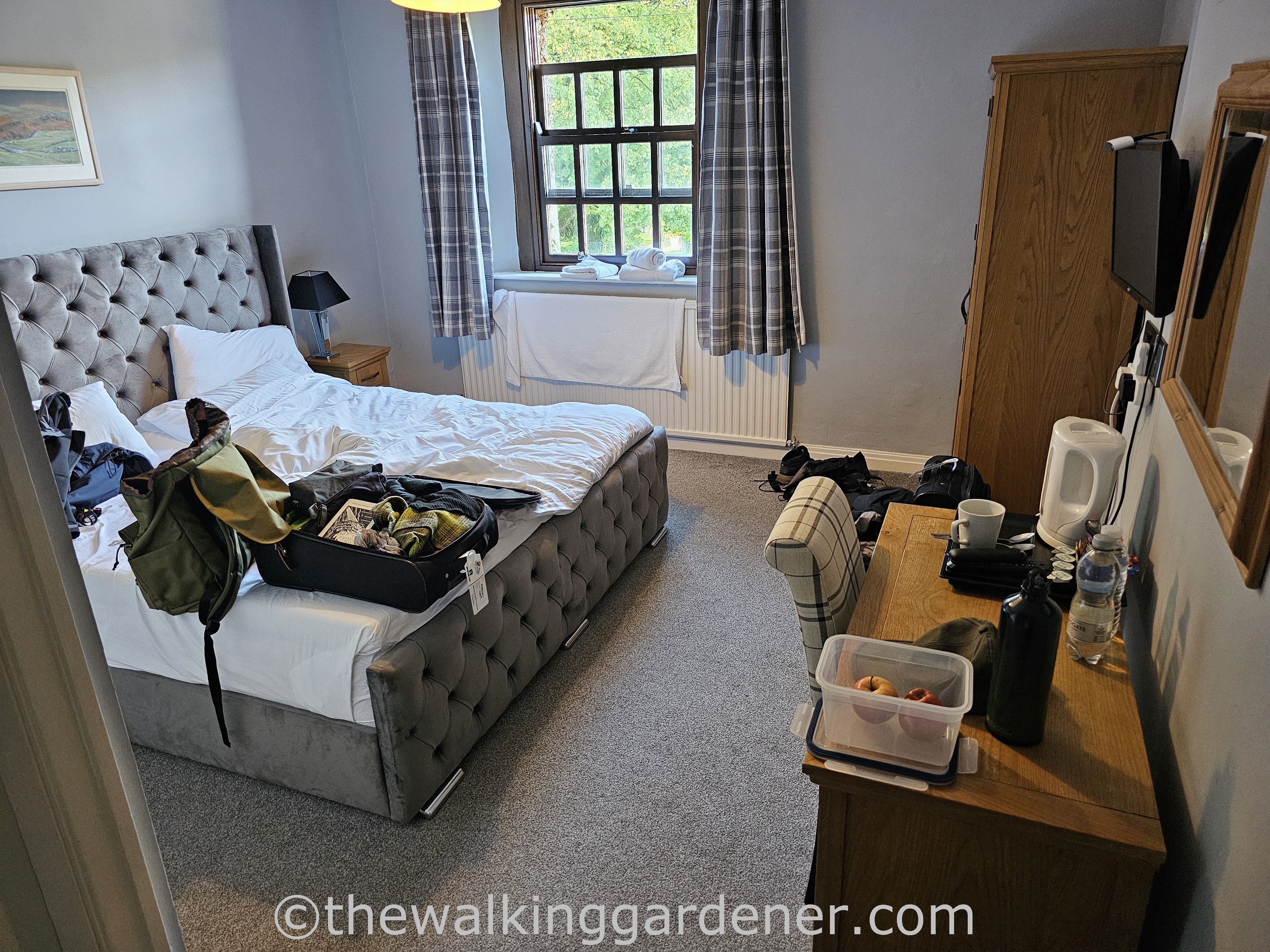 A cozy hotel room featuring a neatly made double bed with crumpled bedding, a wooden bedside table with a lamp, and a window with plaid curtains letting in natural light. A suitcase is open on the bed, and a desk holds a few apples in a container and a kettle.